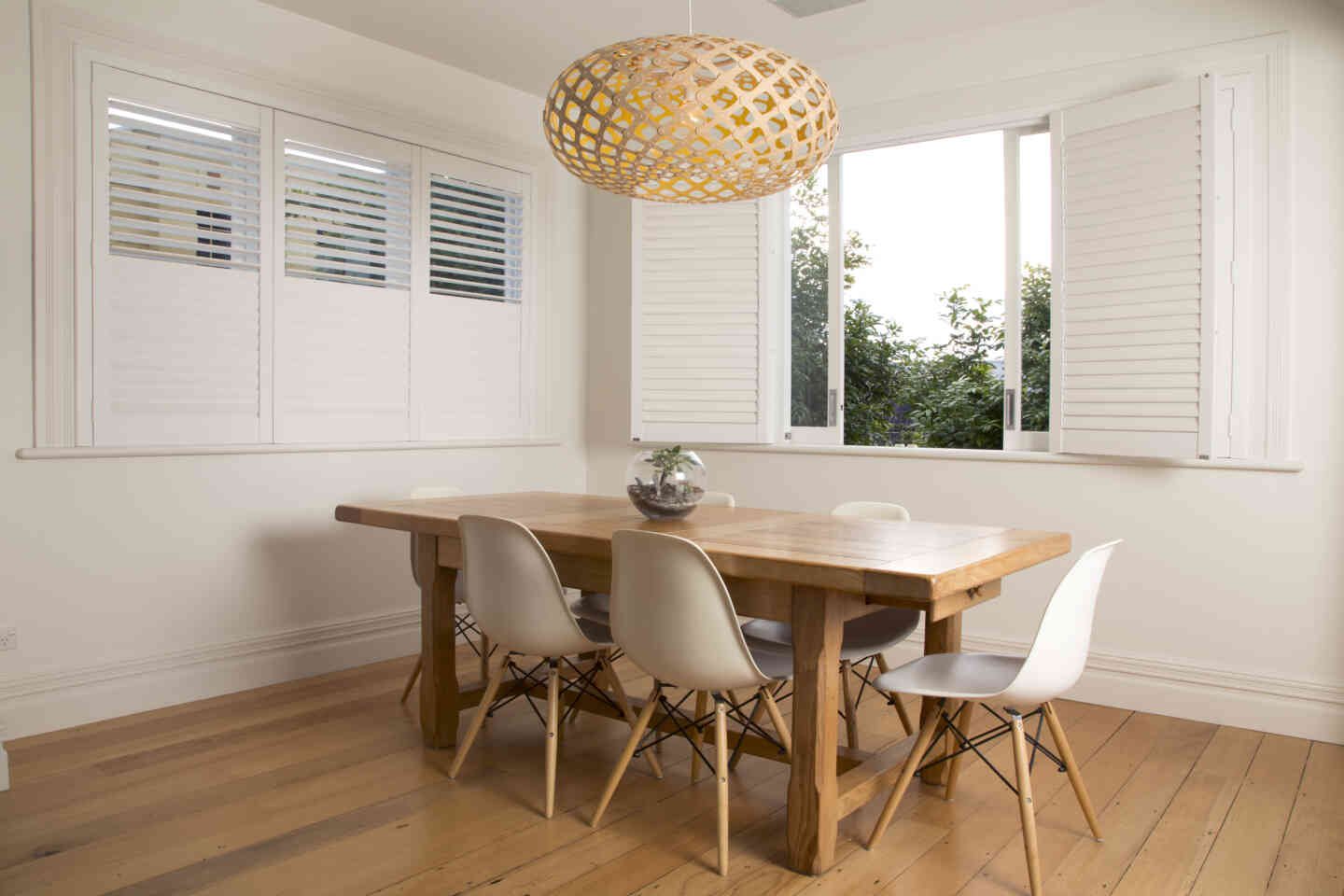 Shutters in Dining Room Wooden Table with White Chairs Large