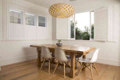 Shutters in Dining Room Wooden Table with White Chairs Large